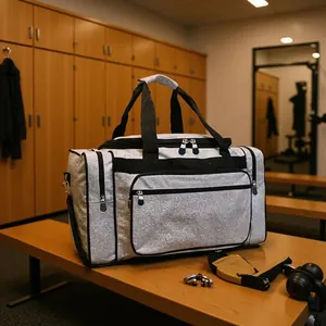 Macro view of a holographic silver gym bag in a professional locker room setting.