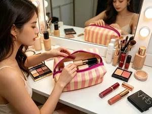 Dettaglio di una borsa cosmetica a righe in tela in una scena di trucco.