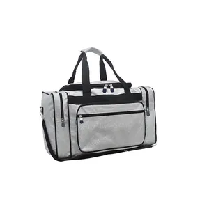 Large silver glitter travel duffle bag featuring multi-pocket design for gym and storage.