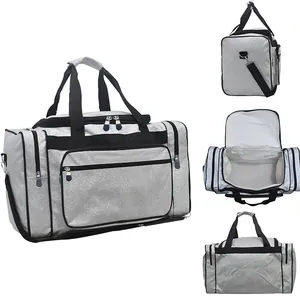 Multi-angle view of silver glitter gym duffel bag with spacious interior and pockets