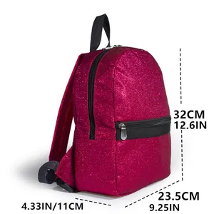 Seitenansicht mit Abmessungen des rosa Glitzer-Kinderrucksacks in cm und Zoll