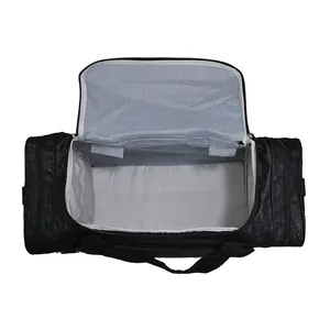Interior view of a large capacity black glitter sports gym and travel duffel bag.