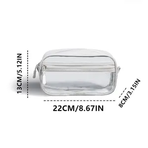 Detalle de neceser de viaje de PVC transparente con dimensiones de 22x13x8cm mostradas