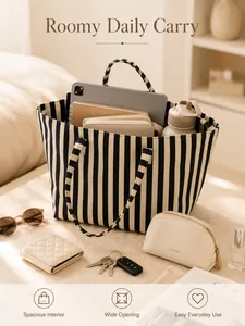 Spacious striped canvas tote bag showing interior capacity and daily essentials