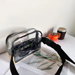 Detail shot of transparent PVC straw waist bag with sunglasses inside for travel
