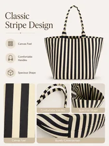 Detailed view of the classic striped canvas tote bag showing handle and fabric texture