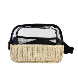 Women Transparent PVC Splicing Straw Woven Waist Bag Waterproof Clear Belt Bag Fashion Outdoor Sport Travel Chest Pouch
