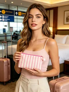 Detailweergave van een roze gestreepte make-uptas vastgehouden door een model op reis