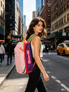 Model wearing a colorful dopamine patchwork waterproof nylon backpack in a city street