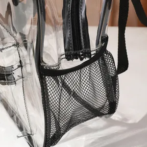 Λεπτομέρεια της ανθεκτικής μαύρης διχτυωτής τσέπης σε ένα διαφανές σακίδιο PVC