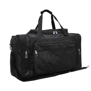 Large capacity black glitter travel gym bag with multiple pockets and shoulder strap
