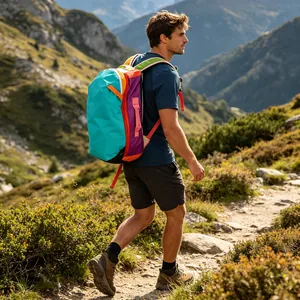 Young man wearing a colorful waterproof nylon outdoor backpack while hiking on a mountain trail