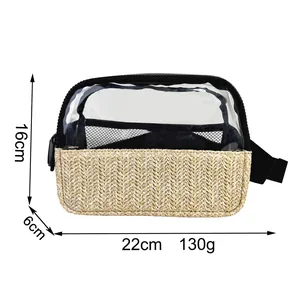 Detailed size annotations of a transparent PVC and straw woven waist bag, 22x16x6cm