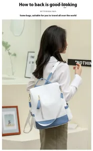 Vista lifestyle di uno zaino antifurto bicolore bianco e blu elegante da donna