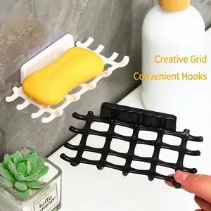 Wall Mounted Soap Dish Grid Design Self Adhesive Soap Holder With Hooks Bathroom Storage Rack Plastic Drain Soap Box