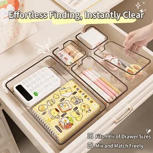 Caja Organizadora de Cajones de PET Transparente Bandeja Divisoria Apilable Para Oficina Papelería Maquillaje y Escritorio de Cocina