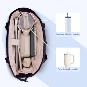 Detail of the quilted tote bag interior showing compartments and tumbler storage.
