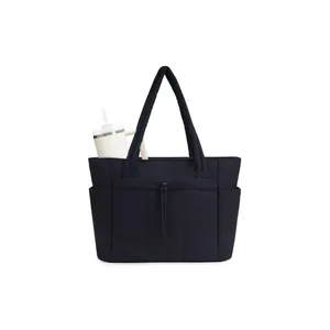 Large Quilted Tote Bag For Women With Laptop Compartment Multi-Pocket Nylon Shoulder Bag Fashion Casual Travel Handbag