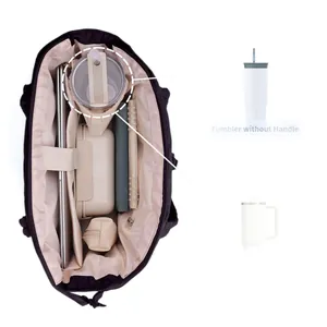 Large capacity quilted tote bag with multi-compartment organizer for laptop and tumbler