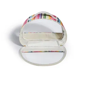 Detailed macro view of the open rainbow woven clear PVC semicircular makeup storage bag