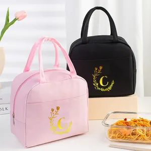 Insulated Lunch Bag Portable Oxford Cloth Thermal Bento Bag With Gold Letter Floral Print For Women Office Picnic School