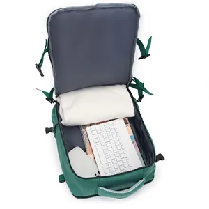 Detailed view showing the large interior storage capacity of this green travel backpack