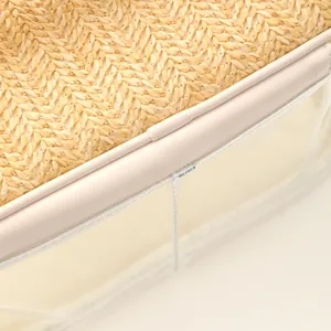 High-quality close-up detail of straw woven texture and PVC material on travel bag