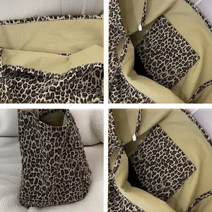 Detailed views of the large capacity leopard print canvas tote bag showing interior pocket