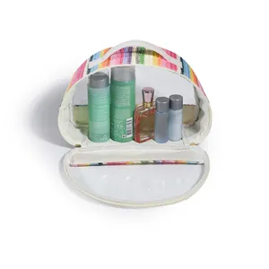 Rainbow woven and clear PVC semi-circle cosmetic bag for travel toiletries storage