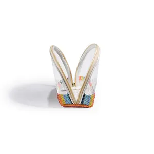 Side detail showing the opening structure and woven base of the transparent bag.