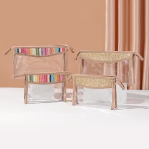 Detail view of clear PVC makeup bags with rainbow and tan straw woven accents