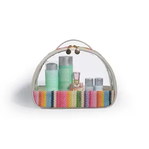 Macro view of a rainbow woven transparent PVC cosmetic bag for travel toiletries
