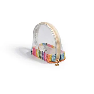 Detailed macro shot of a waterproof transparent cosmetic bag with rainbow straw woven base.