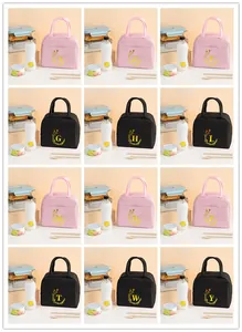 Detailed collage of insulated lunch bags with gold initial letters in pink and black colors.