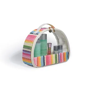 Detail of rainbow woven semicircular toiletry bag with transparent PVC panel.