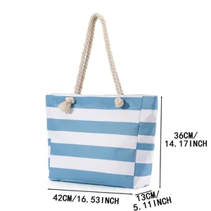 Grande borsa da spiaggia a righe blu in tela dimensioni 42x36x13cm vista dettagliata