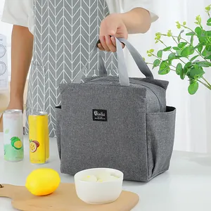 Close-up detail of a grey insulated lunch bag featuring a large capacity and foil lining.