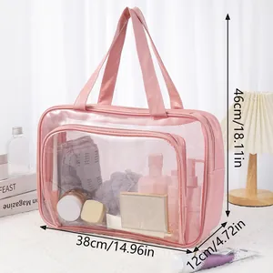 Large pink transparent mesh travel toiletry bag with dimension callouts 38x12x46cm