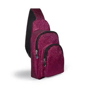 Detailed macro view of a sparkly purple glitter sling bag with multi-pocket design