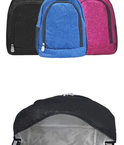 Detailed close-up view of shimmering glitter backpack interior and fabric texture