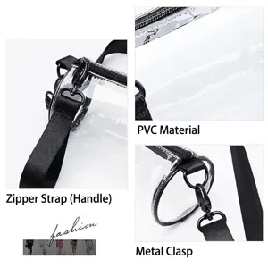Vista dettagliata della borsa a cilindro in PVC trasparente con robusti ganci neri