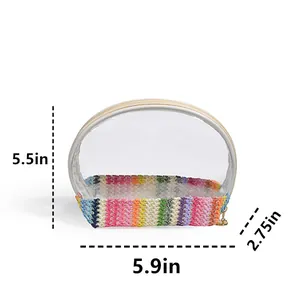 Dimensions of a waterproof cosmetic bag with clear top and straw woven base