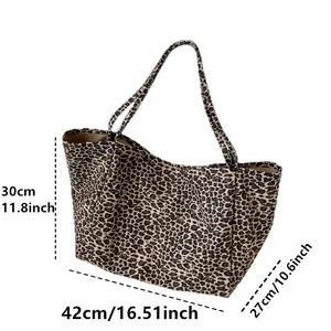 Large leopard print canvas tote bag shown with detailed dimensions of 42cm x 30cm x 27cm
