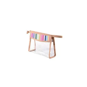 Clear PVC makeup bag with a colorful rainbow woven trim and tan piping detail detail view