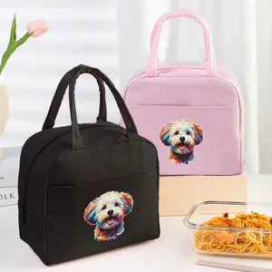 Insulated lunch bags with colorful dog print in black and pink for picnic storage