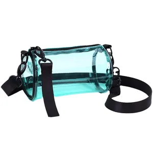 Borsa a tracolla cilindrica in PVC blu trasparente per cosmetici e porta cellulare stile street