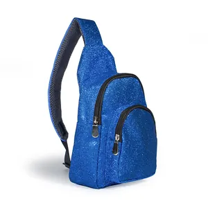 Vibrant blue glitter chest bag with multiple zipper pockets shown from a side view