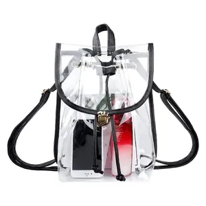 Close-up of a large clear PVC travel backpack showing storage capacity for stadium use