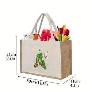 Vista detallada del bolso de lona y yute con diseño floral A, medidas 30x21x11cm
