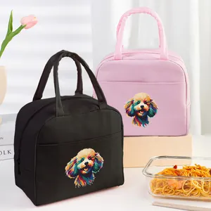 Pair of insulated lunch bags with colorful poodle dog prints and pasta bowl detail